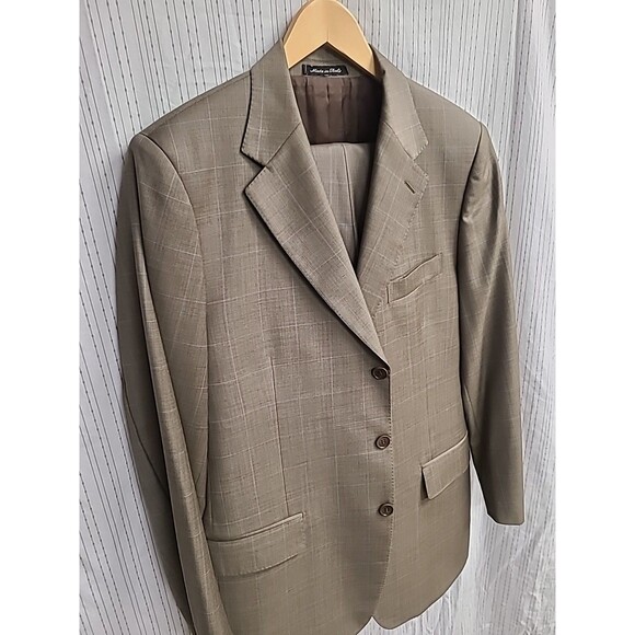 Faconnable Nordstroms 2 Piece Suit 42R 36/32 Slacks. Olive Green Pin Stripes. - Picture 2 of 9
